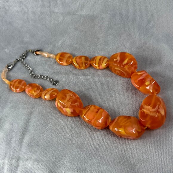 Vintage Style Orange Swirl Resin Acrylic Beaded Necklace Adjustable Chain - Picture 2 of 16